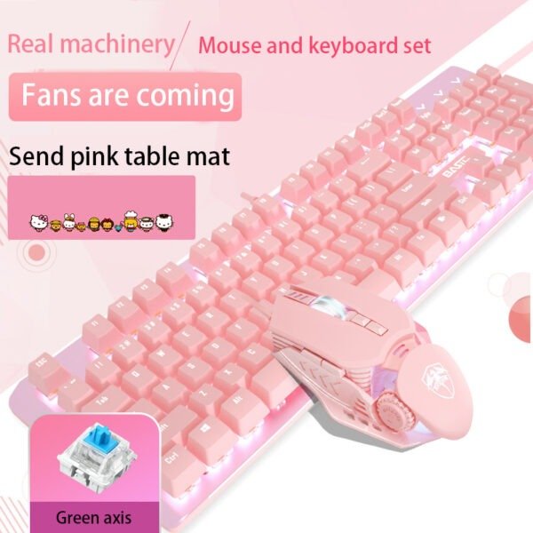 Pink Real Mechanical Keyboard And Mouse Set Girls Cute Gaming Games Dedicated Wired Green Axis Red Axis Girl Heart Luminous Wired Notebook - Image 2